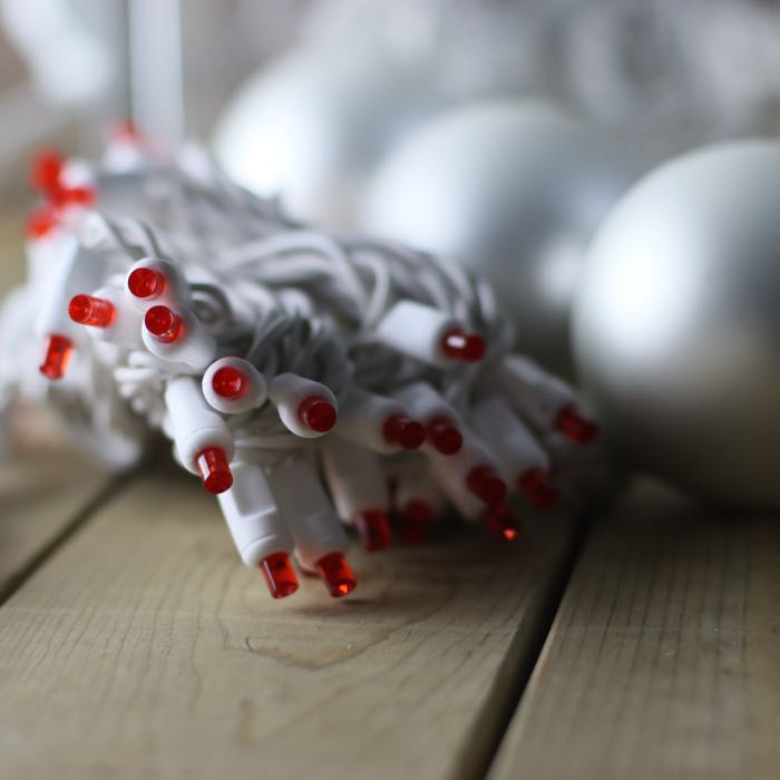 50 Red 5mm LED Christmas Lights White Wire